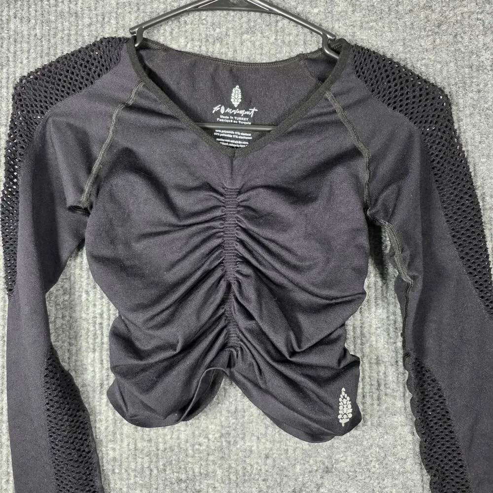 Free‎ People Movement Black Ruched Crop Top Mesh Sleeve XS/S